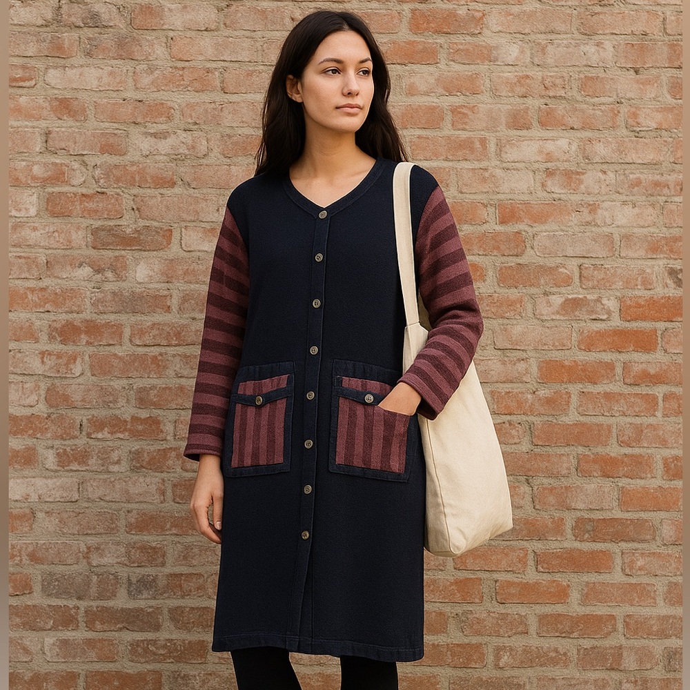 LUK Womens Black Burgundy Striped Button Front Knit Lagenlook Tunic Dress Size 0